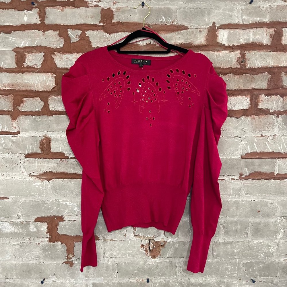 Joseph A - Raspberry Magenta Red Puff Sleeve Sweater with Chest Cutouts